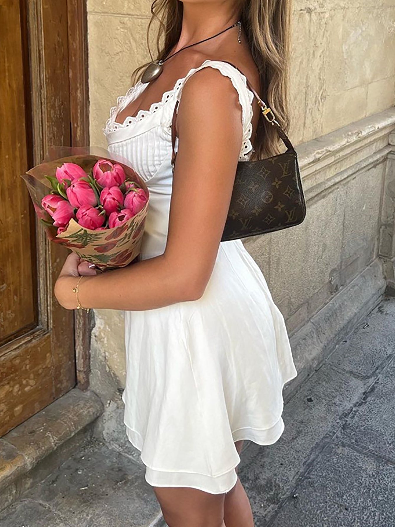 White Lace Deep V Neck Sexy Short Graduation Dress - Fashionpara