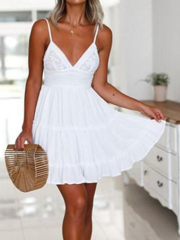White Lace Deep V Neck Pleated Short Graduation Dress - Fashionpara