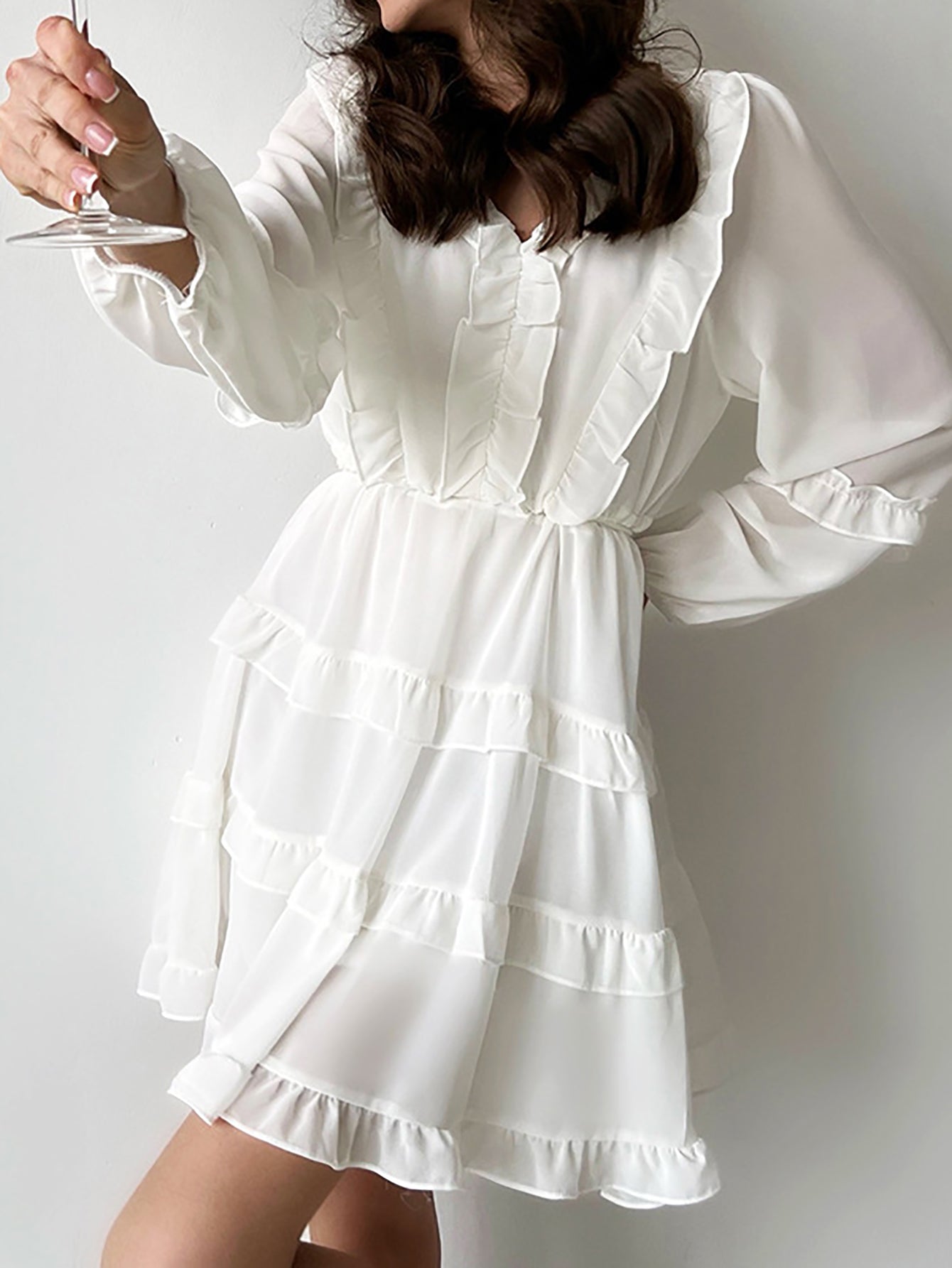 White A Line V Neck Ruffles Short Graduation Dress - Fashionpara