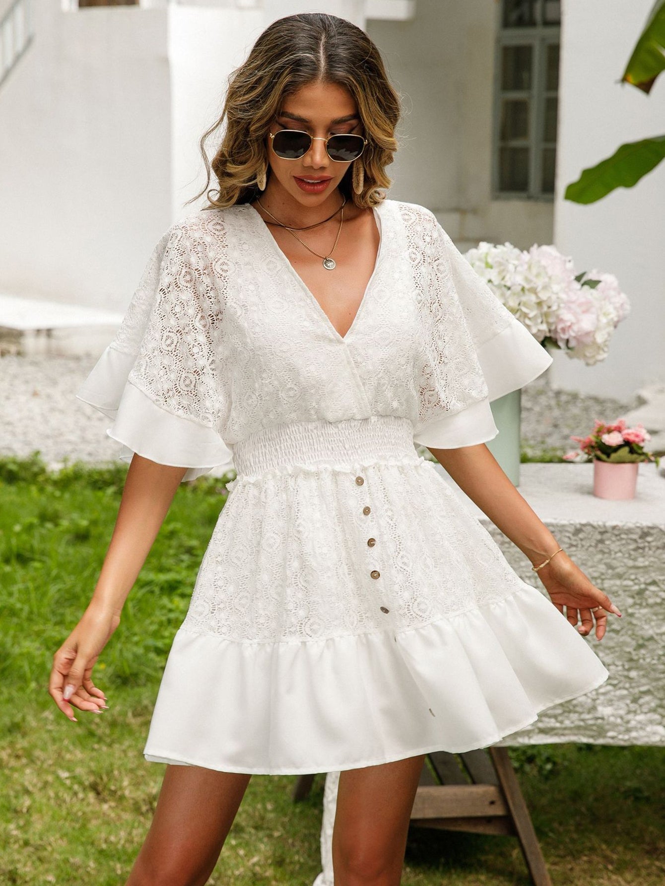 White Lace Short Sleeves V Neck Sweet Short Graduation Dress - Fashionpara