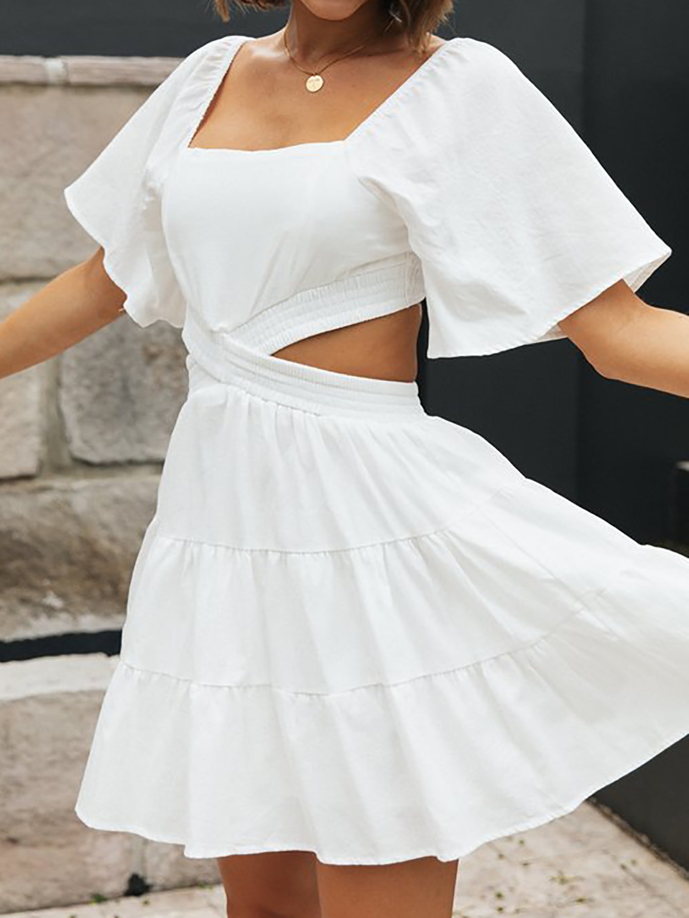 Sweet White Square Neck Cutout A Line Short Graduation Dress - Fashionpara