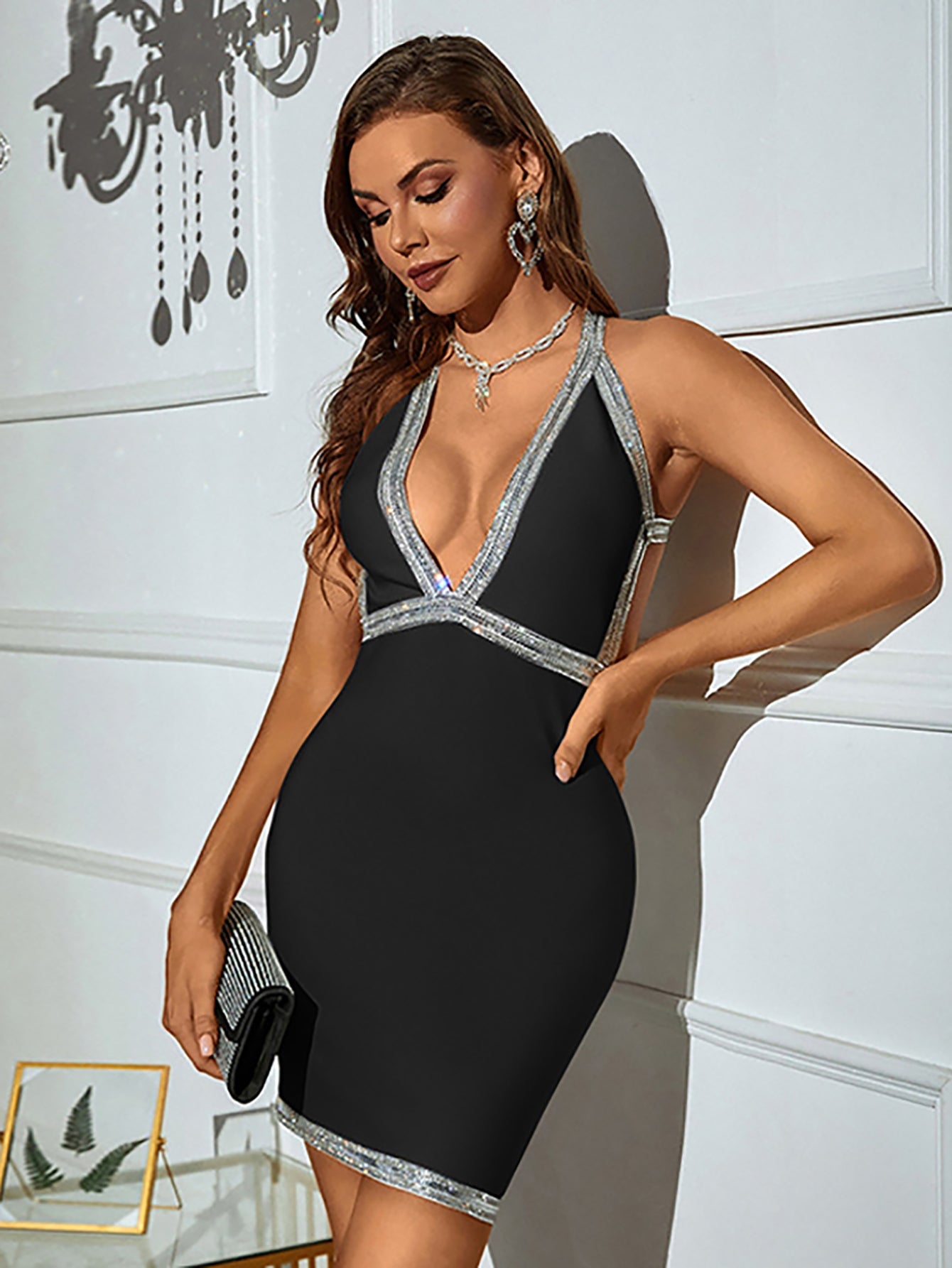 Black Deep V Neck Bodycon Backless Short Party Dress - Fashionpara