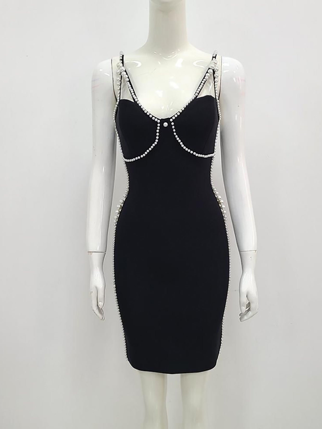 Black V Neck Pearl Backless Short Cocktail Party Dress - Fashionpara