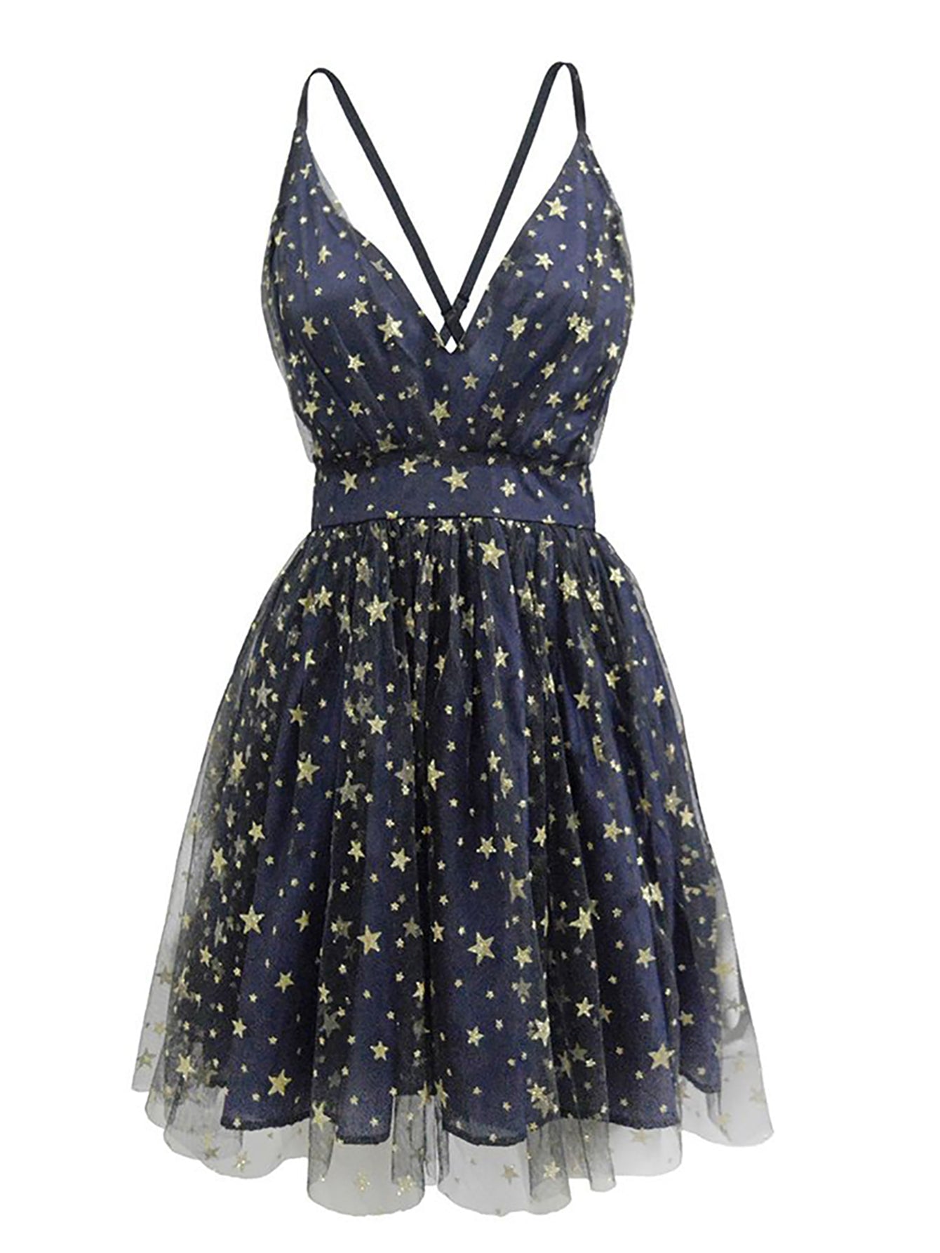Dark Blue Stars V Neck Backless Short Cocktail Party Dress - Fashionpara
