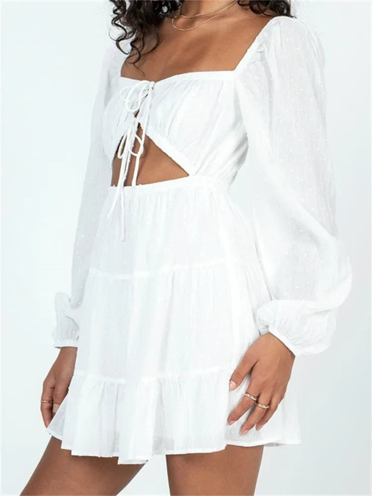 Spring Autumn LaceUp Long Sleeve Mini Dresses