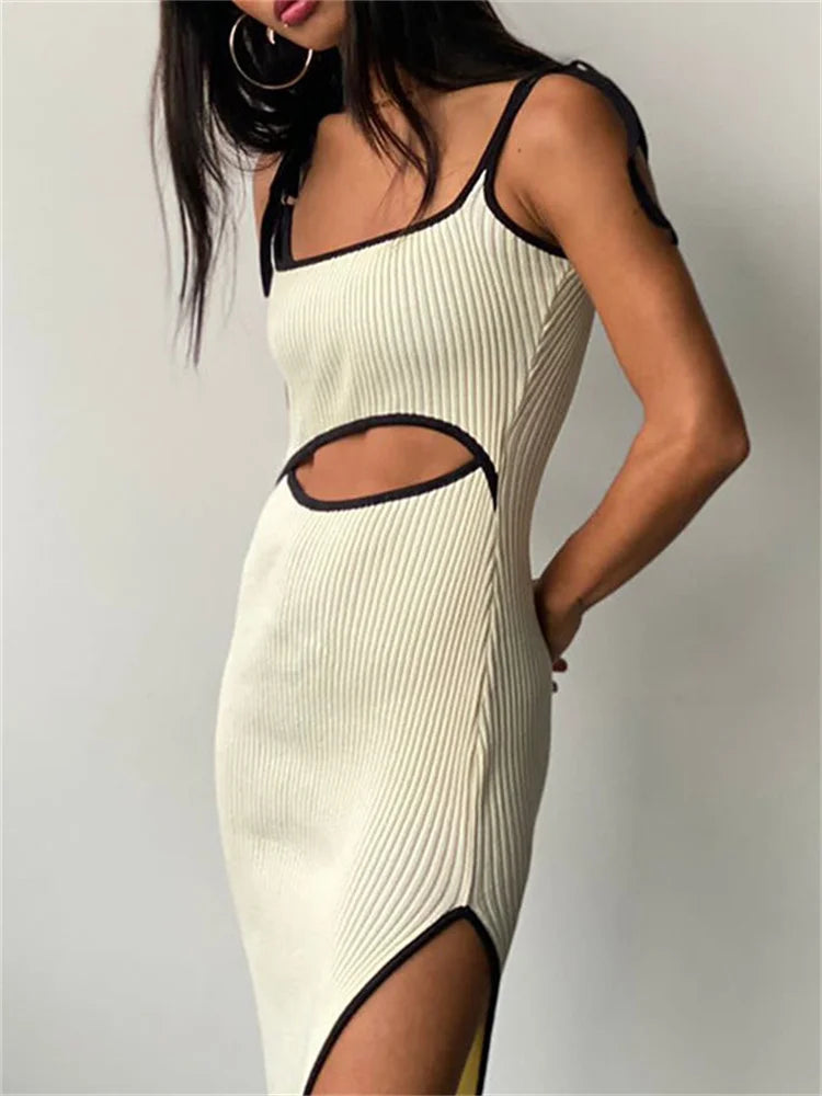 LaceUp Waist Cutout Hollow Out Side Split Sleeveless Midi Dress