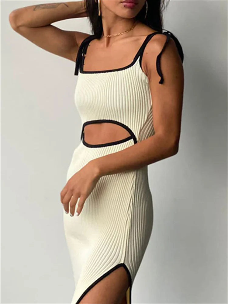 LaceUp Waist Cutout Hollow Out Side Split Sleeveless Midi Dress