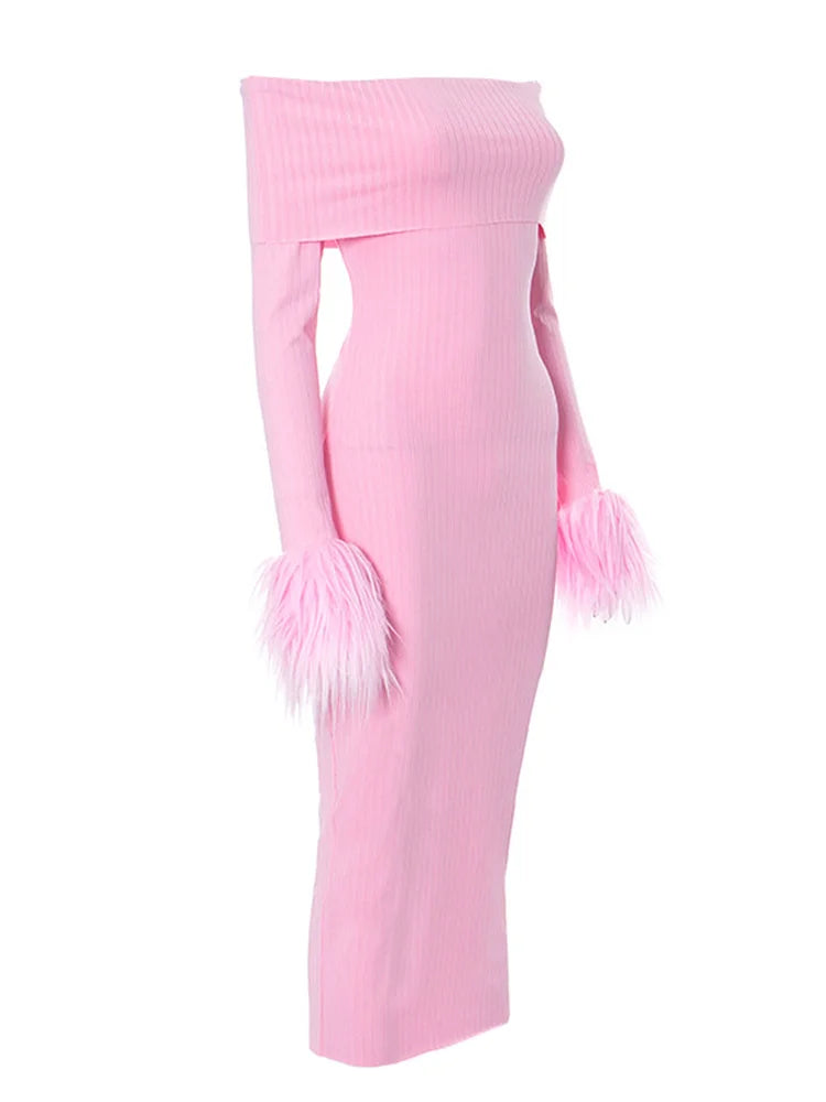 Knitted Long Sleeve OffShoulder Fur Patchwork Ribbed Bodycon Midi Dress