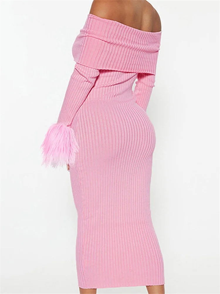 Knitted Long Sleeve OffShoulder Fur Patchwork Ribbed Bodycon Midi Dress
