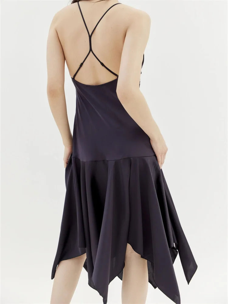 Sleeveless Deep VNeck Backless CrissCross Pleated Party Midi Dress