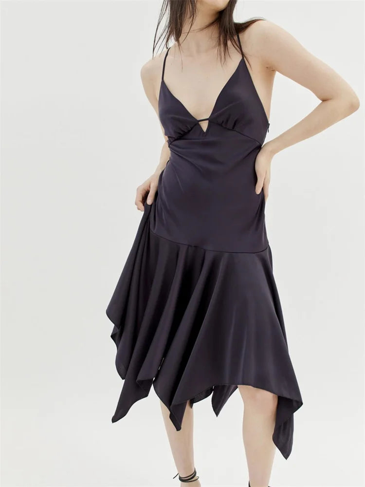Sleeveless Deep VNeck Backless CrissCross Pleated Party Midi Dress