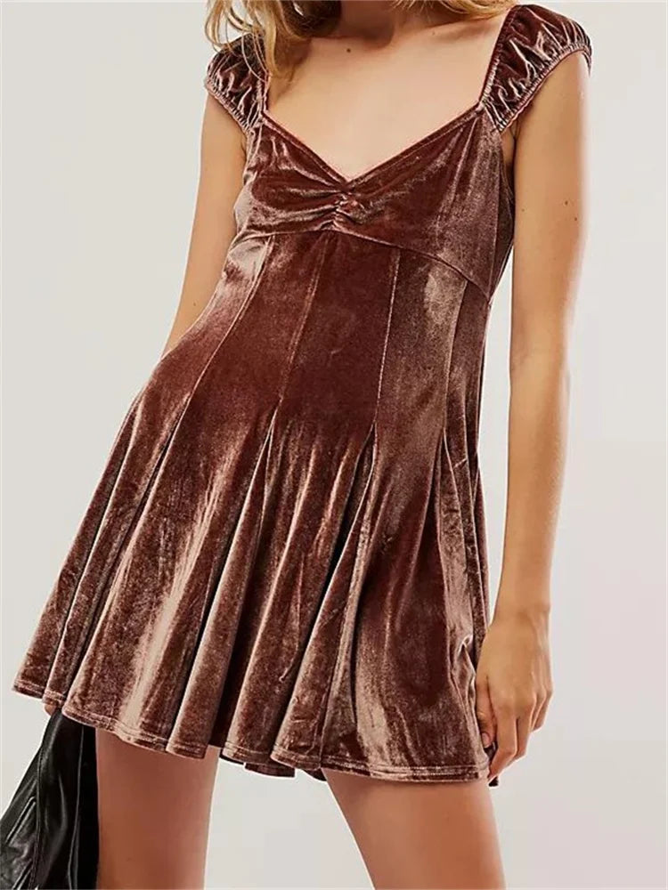 Velvet VNeck Sleeveless High Waist Mini Dresses