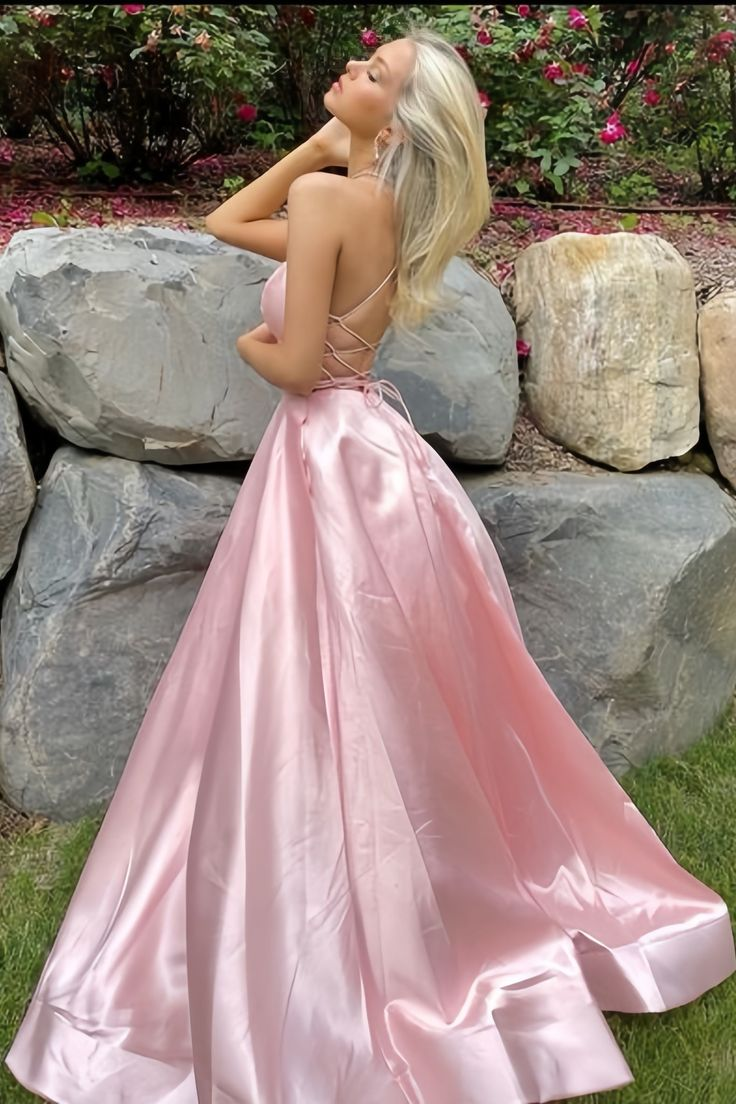 Simple Pink A-Line Satin Party Dress Side Slit Prom Dress Evening Dress Y8563 - View 3 | VelvetHem
