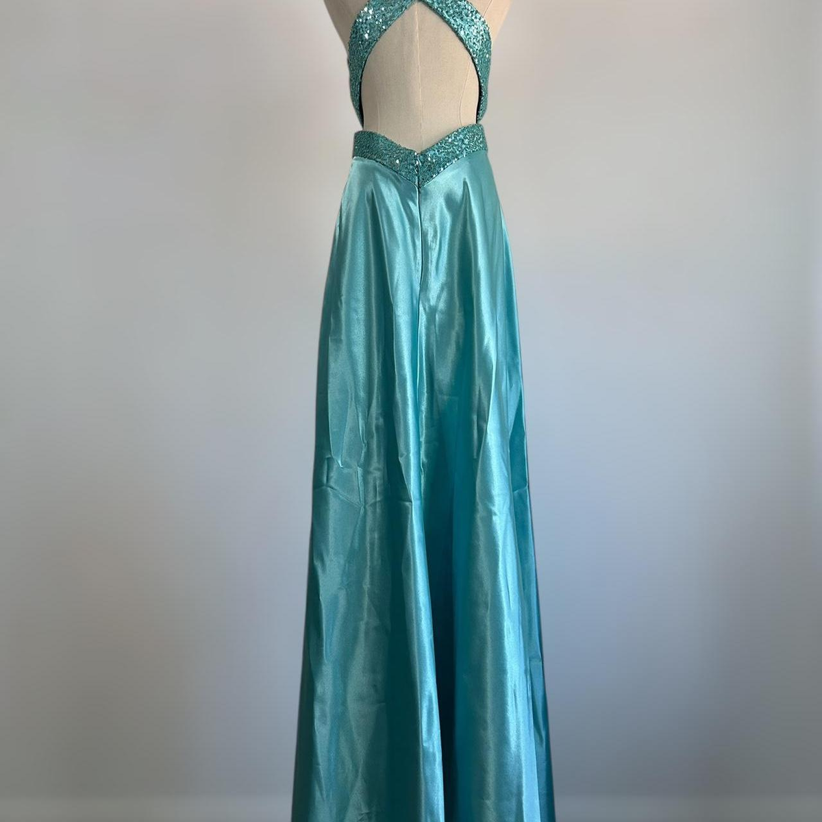 Blue V Neck Satin Sequin Formal Prom Dress Backless Evening Dress Y8548 - View 5 | VelvetHem
