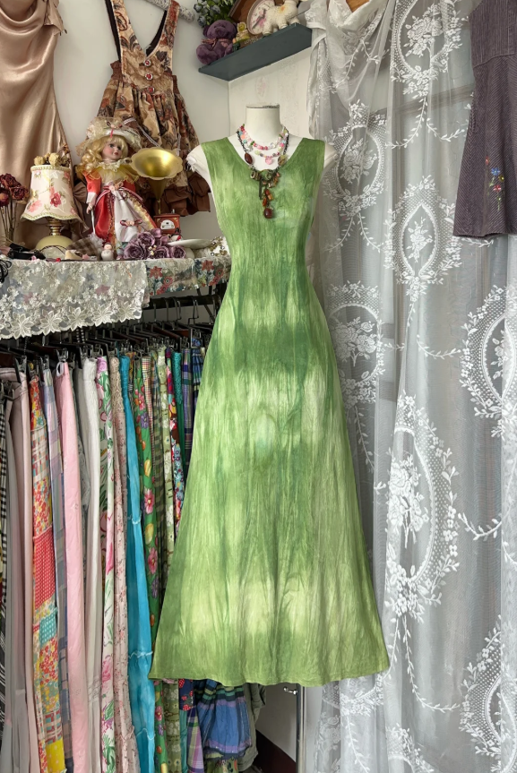Retro Ombre Green Sleeveless Satin A-Line Long Party Dress Prom Dress - FashionDia