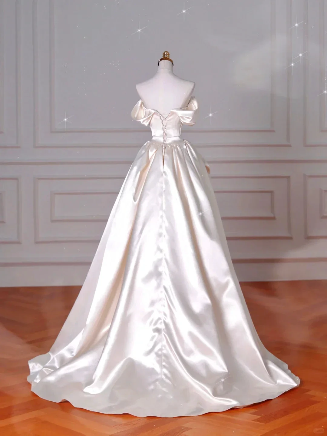 Classy Off The Shoulder Satin Pleated A Line Prom Evening Dress,White Wedding Dress (ZD13760)
