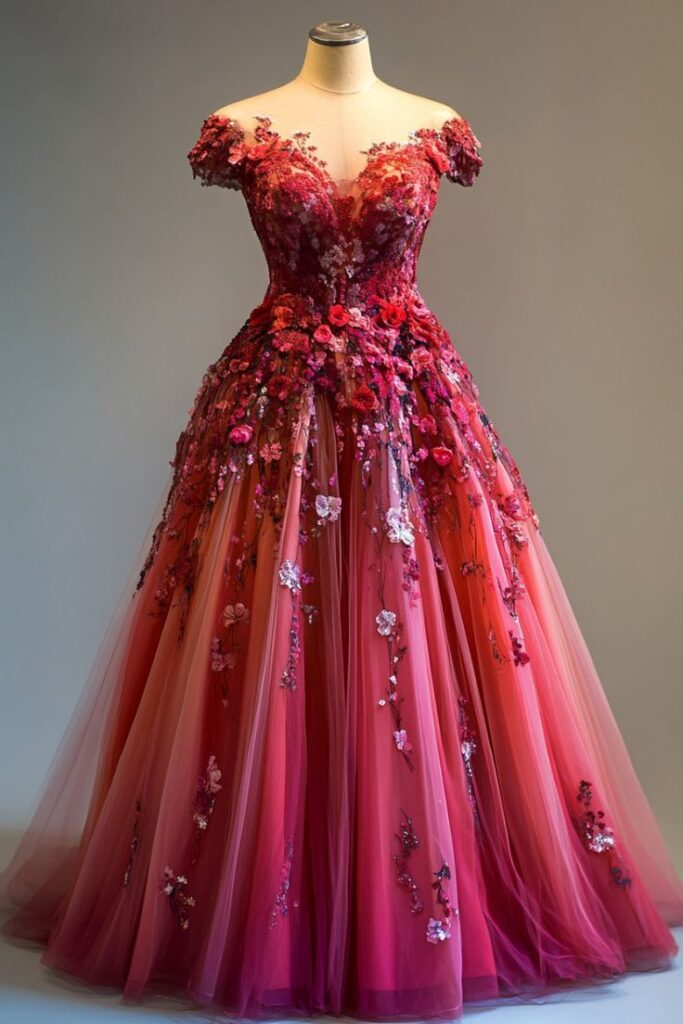 Gorgeous Pink Tulle Appliques Ball Gown,Off The Shoulder A Line Party Evening Dress
