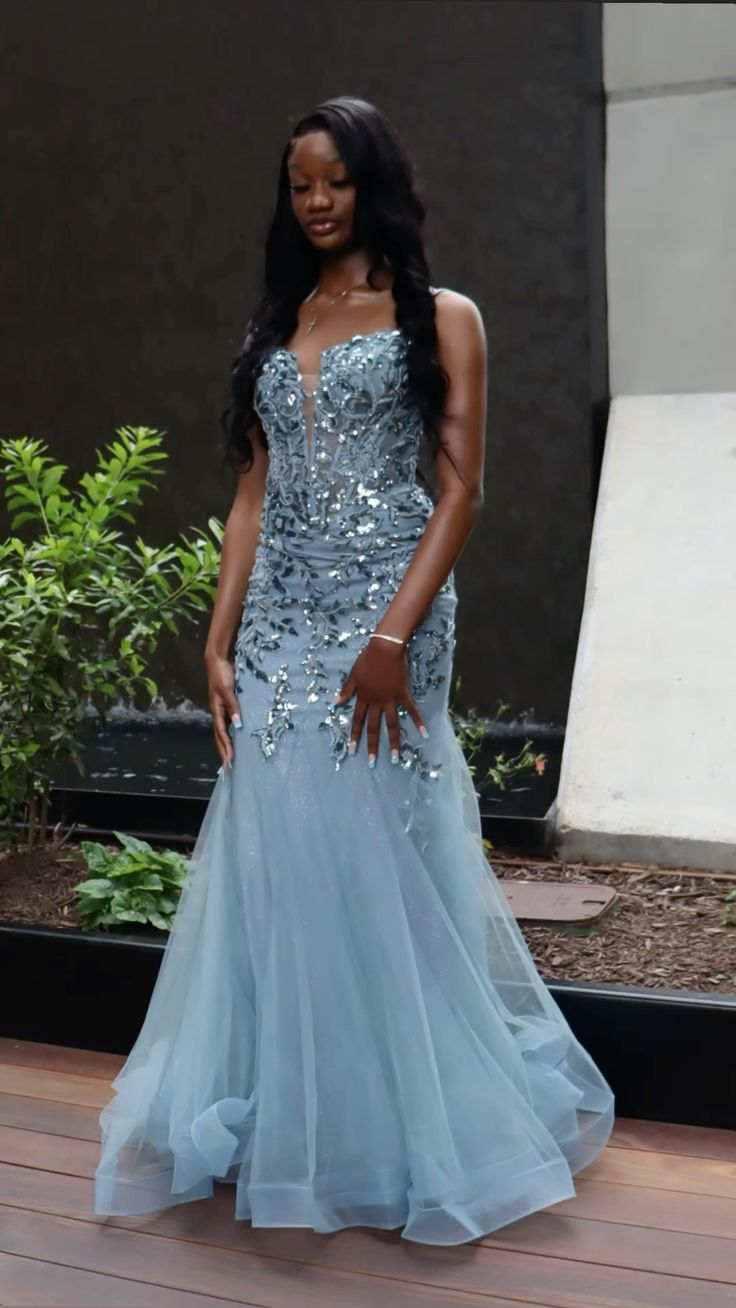 Classy Spaghetti Straps Blue Tulle Sequin Mermaid Evening Dress Long Party Gown