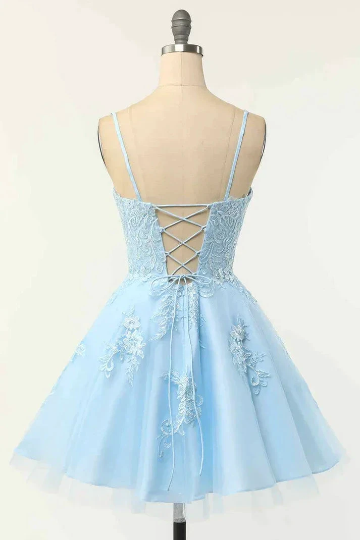 Light Blue A-line Spaghetti Straps Lace-Up Back Applique Mini Homecoming Dress (ZD11974)