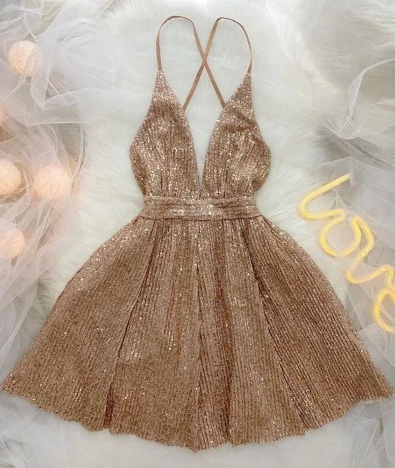 Sexy Deep V Neck Sequins Homecoming Dress Birthday Party Dress Y2999 by simplepromdress