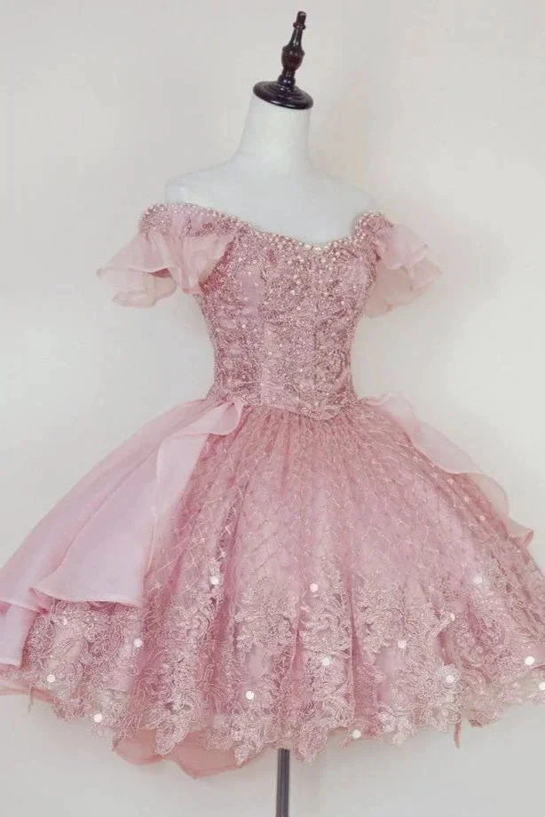 Princess Pink Lace Applique Short Homecoming Dress (ZD12082)