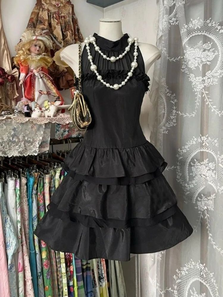 Black Vintage Halter Neck A-Line Layered Mini Party Dress 6th Grade Homecoming Dress - FashionDia