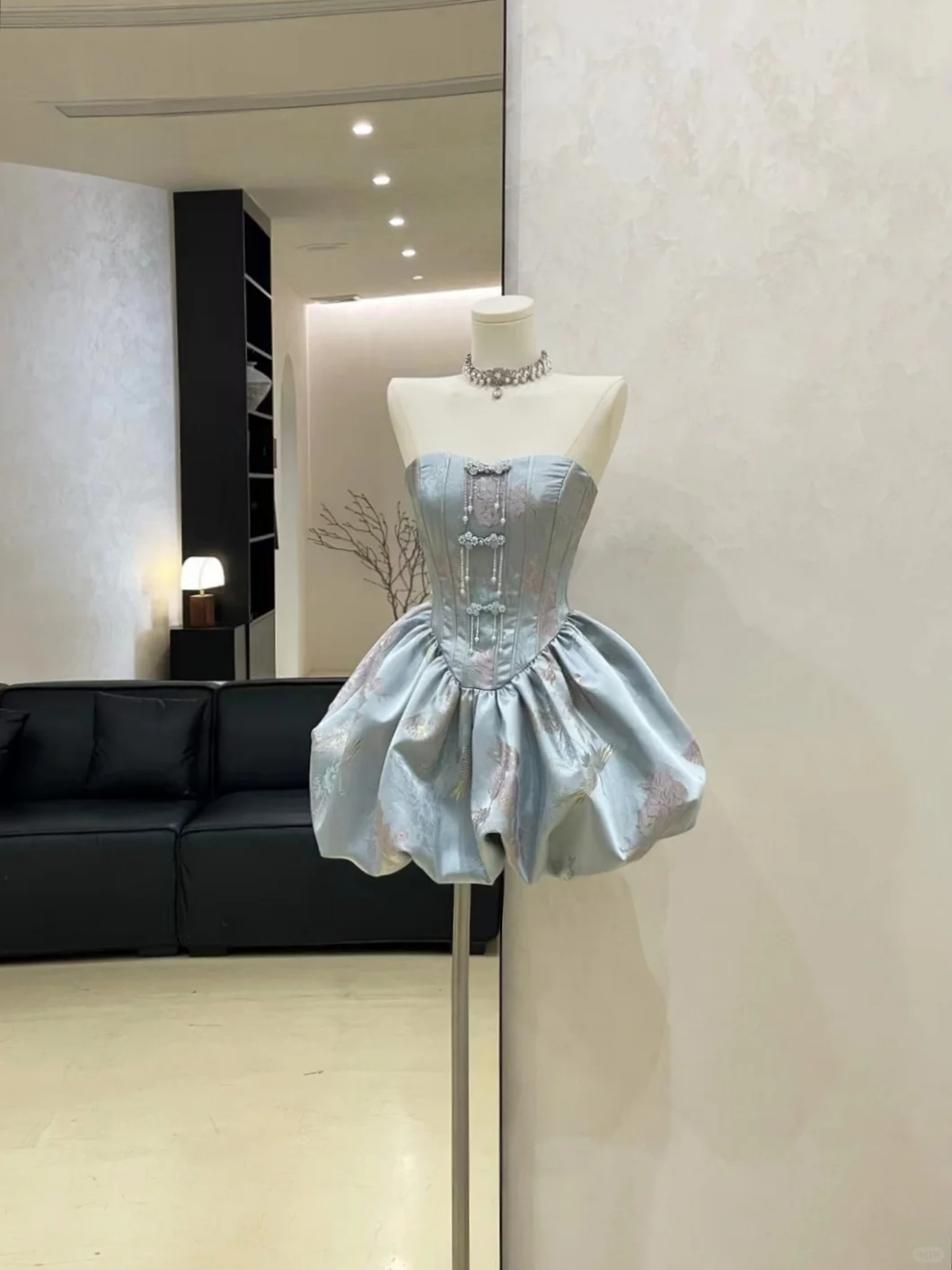 Classy Blue Satin Print Floral A Line Short Birthday Outfits Strapless Homecoming Dress Cocktail Dress