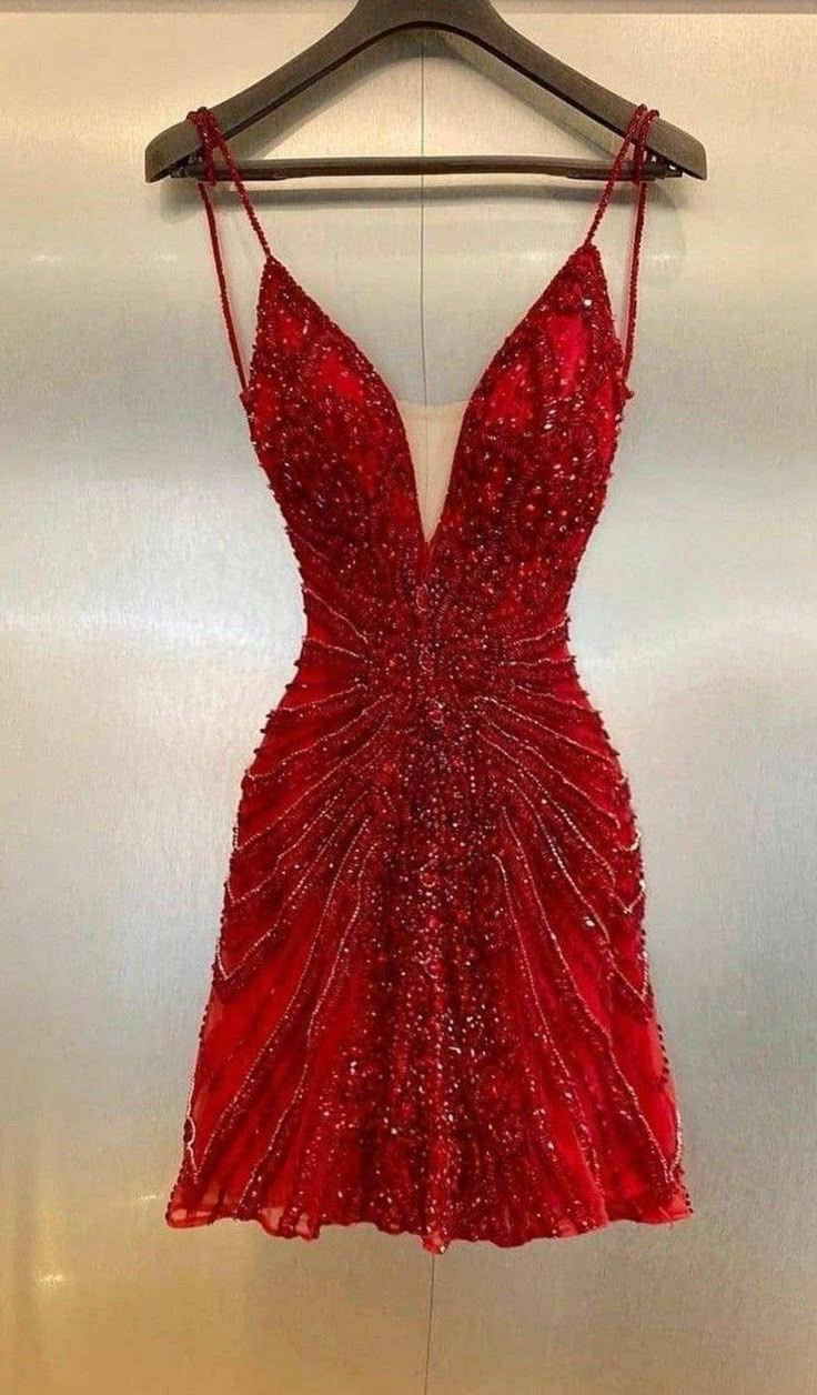 Sparkly Spaghetti Straps Sequin Beaded Short Cocktail Dress Red Mini Party Dress Homecoming Dress