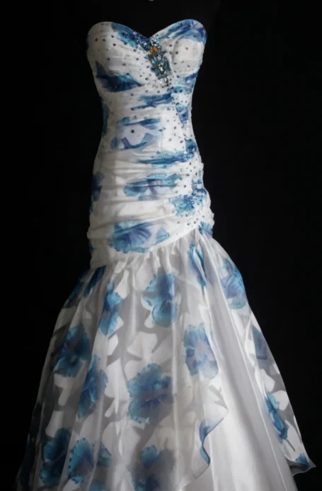 Elegant Sweetheart Neck Blue Tulle Print Floral Mermaid Long Prom Dresses Birthday Party Dress
