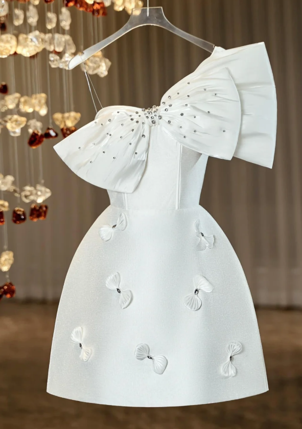 White Satin A Line Bow Homecoming Dress Classy Birthday Dress