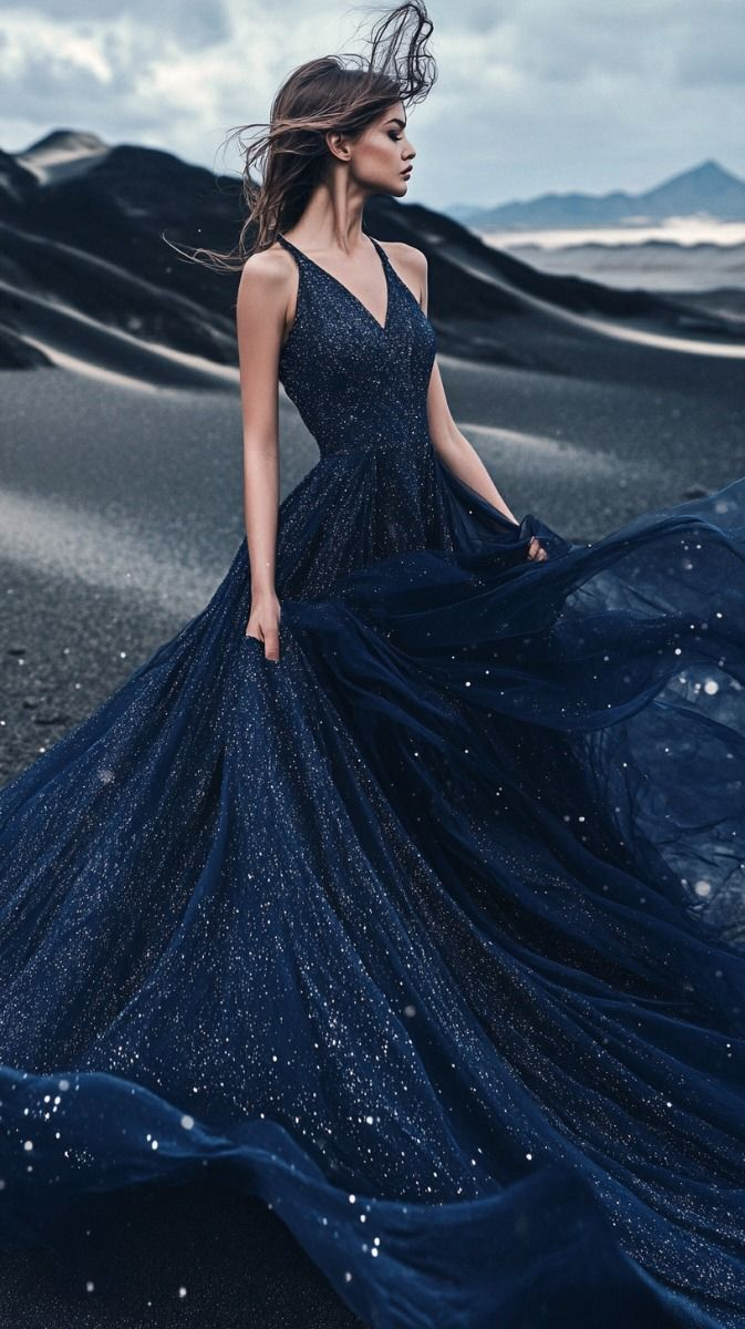 Sparkly Tulle Sequins A Line Prom Evening Dress,Navy Blue Party Dress Wedding Dress