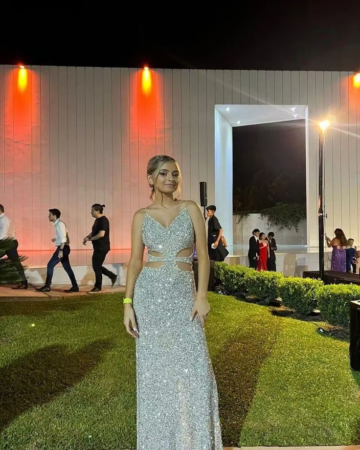 Sparkly Silver Sequin Sheath Backless Long Prom Dress With Slit