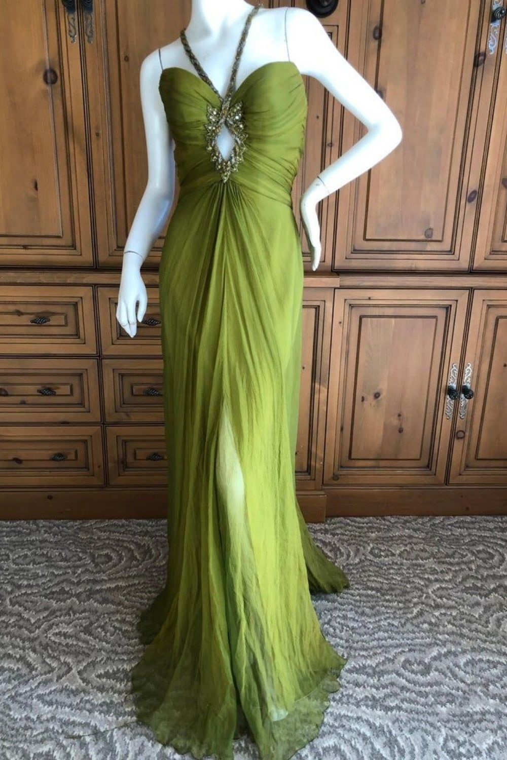 Chic Halter Green Chiffon Beaded Mermaid Evening Dress Long Prom Dresses - FashionDia