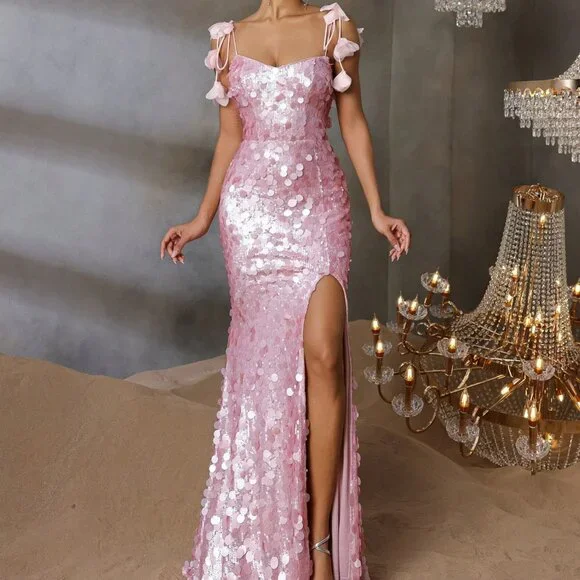 Sparkly Spaghetti Straps Pink Sequin Mermaid Slit Evening Dress Long Birthday Party Dress