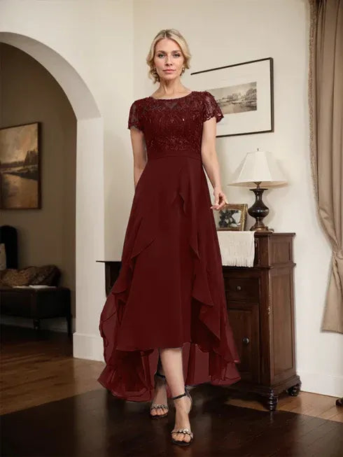 A-line Scoop Illusion Asymmetrical Chiffon Lace Mother of the Bride Dress With Bow Ruffle Sequins