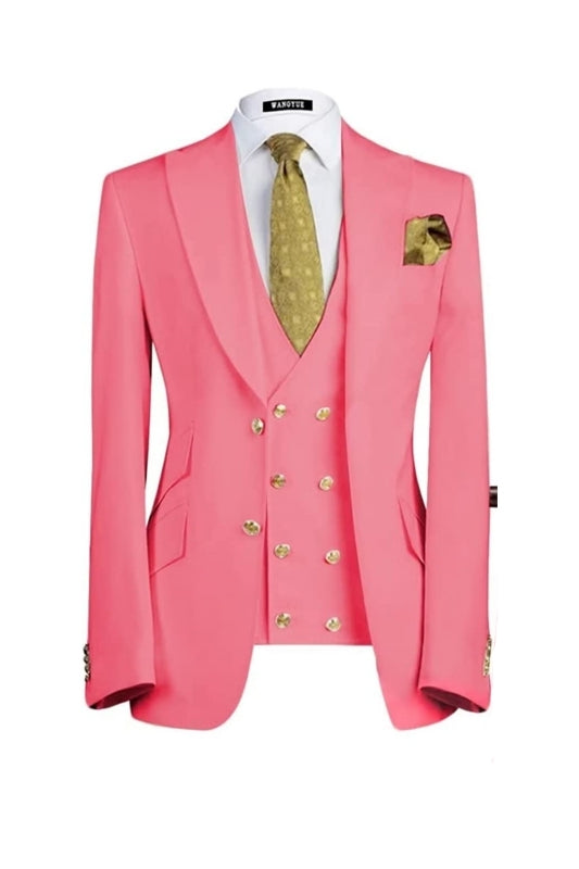 Candy Pink Three Piece Peaked Lapel Prom Suit