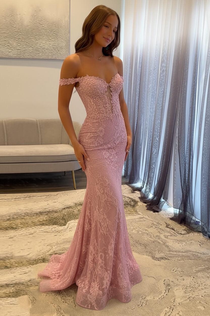Navy Prom Dress Off The Shoulder Mermaid Long Lace Formal Dress
