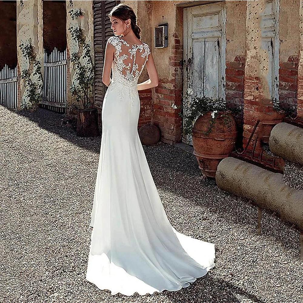 Cap Sleeve Appliques Lace Sheath Wedding Dress  Illusion Bohemian Bridal Gowns Beach Satin Vestido De Novia (ZD13414)