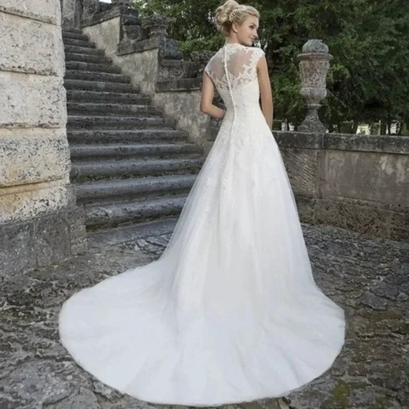 Cap Sleeve Wedding Dresses Amazing Neck Vestidos De Novia Appliques Vestido De Noiva Lace Robe De Mariée by payinti