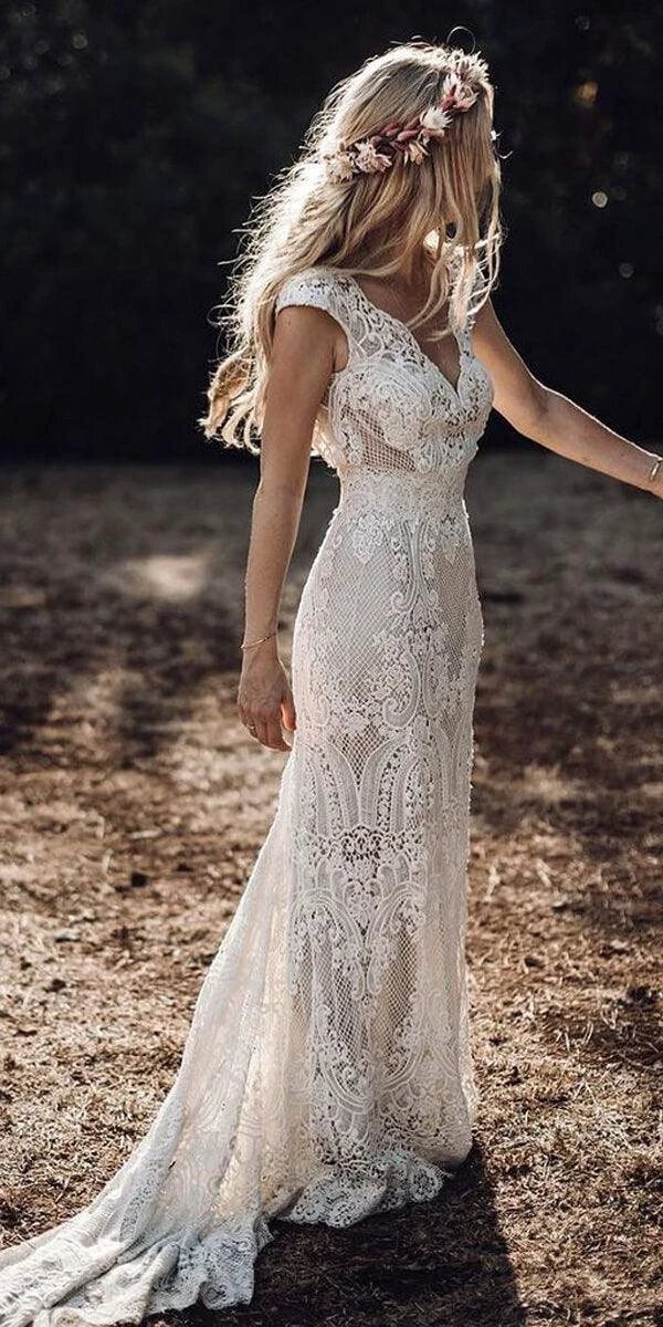 Cap Sleeve Sheath Boho Wedding Dresses Vintage Lace Rustic Wedding Dress (ZD13995)
