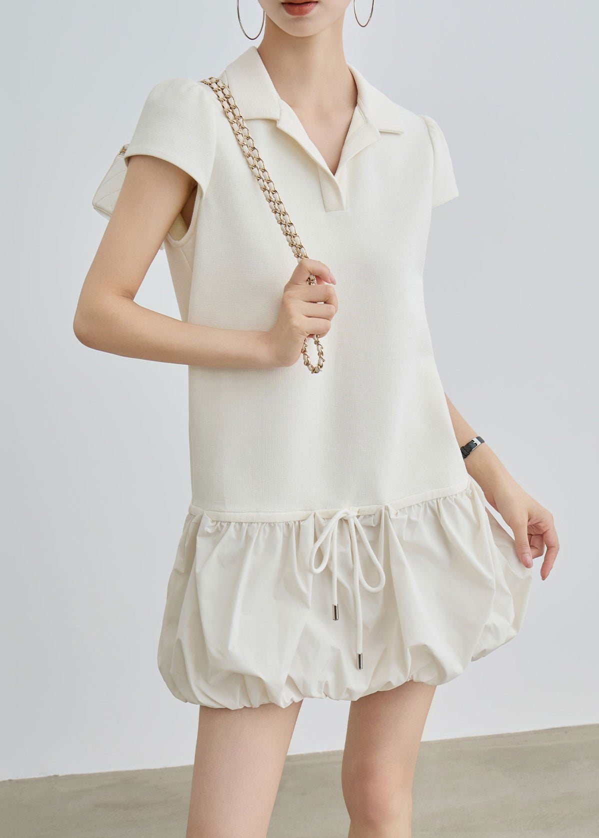 Casual Beige Peter Pan Collar Lace Up Cotton T Shirts Dress Summer