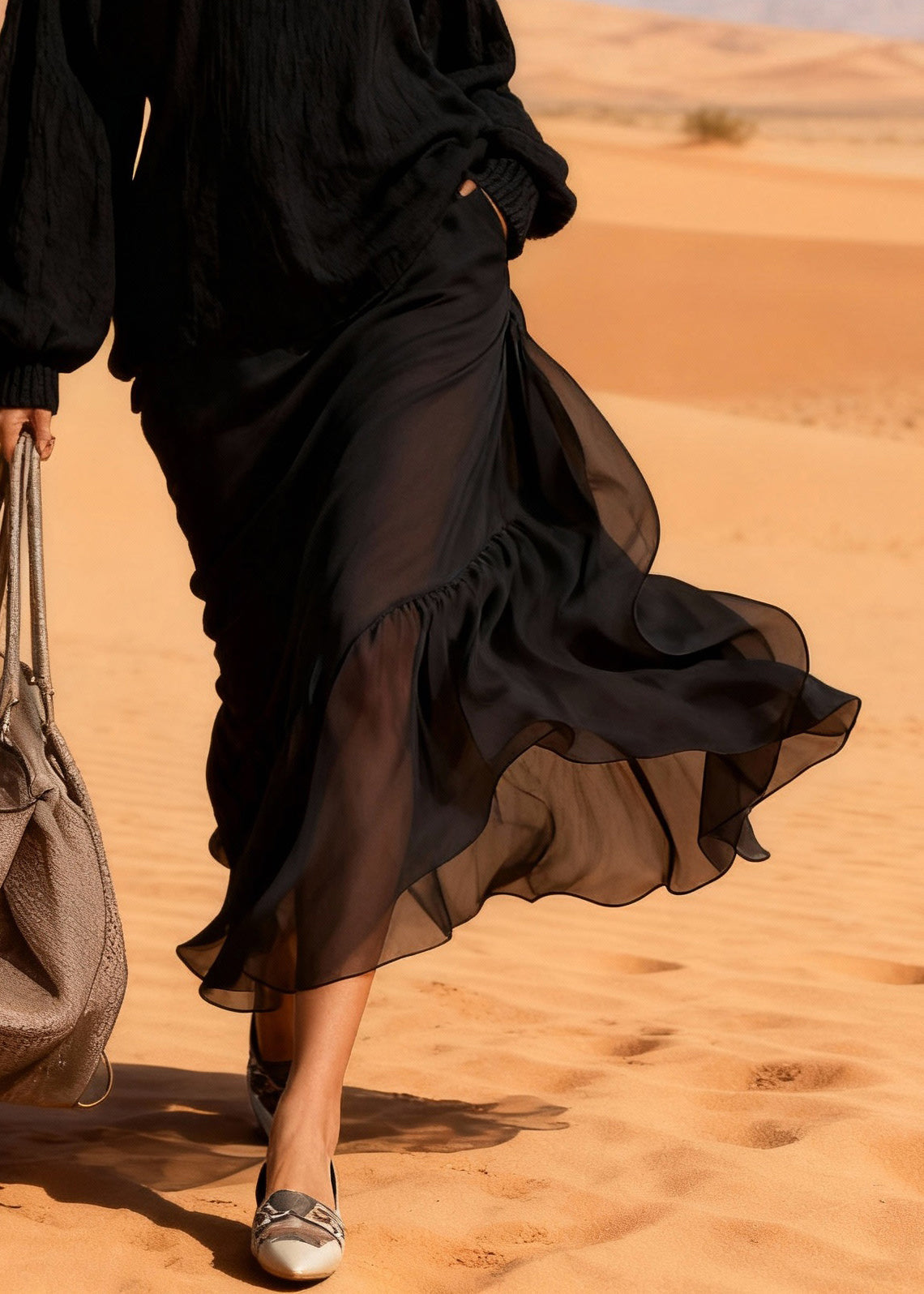 Casual Black Cotton Knit Patchwork Chiffon Maxi Dresses Lantern Sleeve