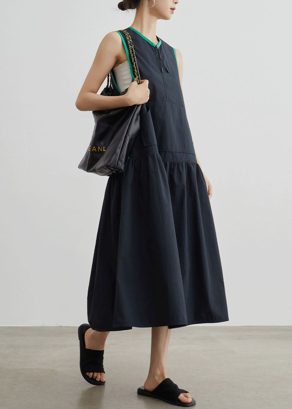 Casual Black O Neck Patchwork Cotton Dress Sleeveless
