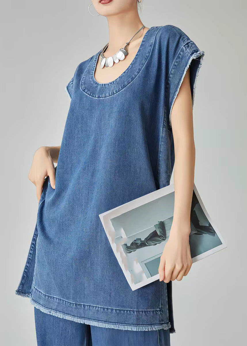 Casual Blue O-Neck Patchwork Denim T Shirt Dress And Jeans Two Piece Set Summer