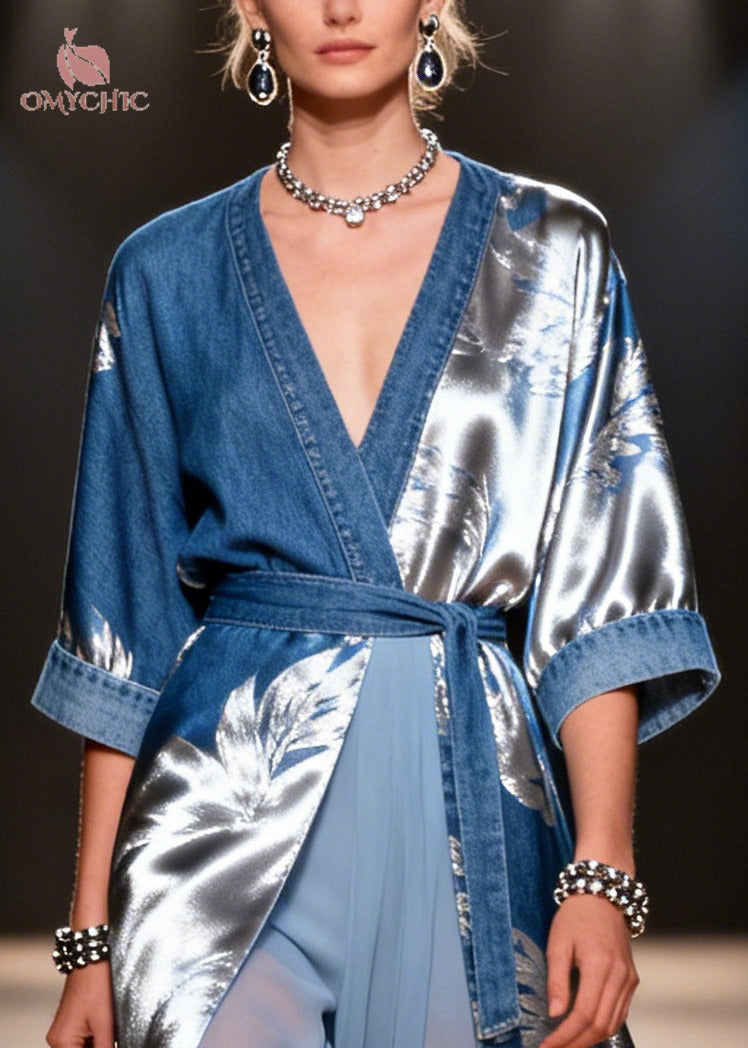 Casual Blue Tie Waist Print Denim Fake Two Piece Dress Summer