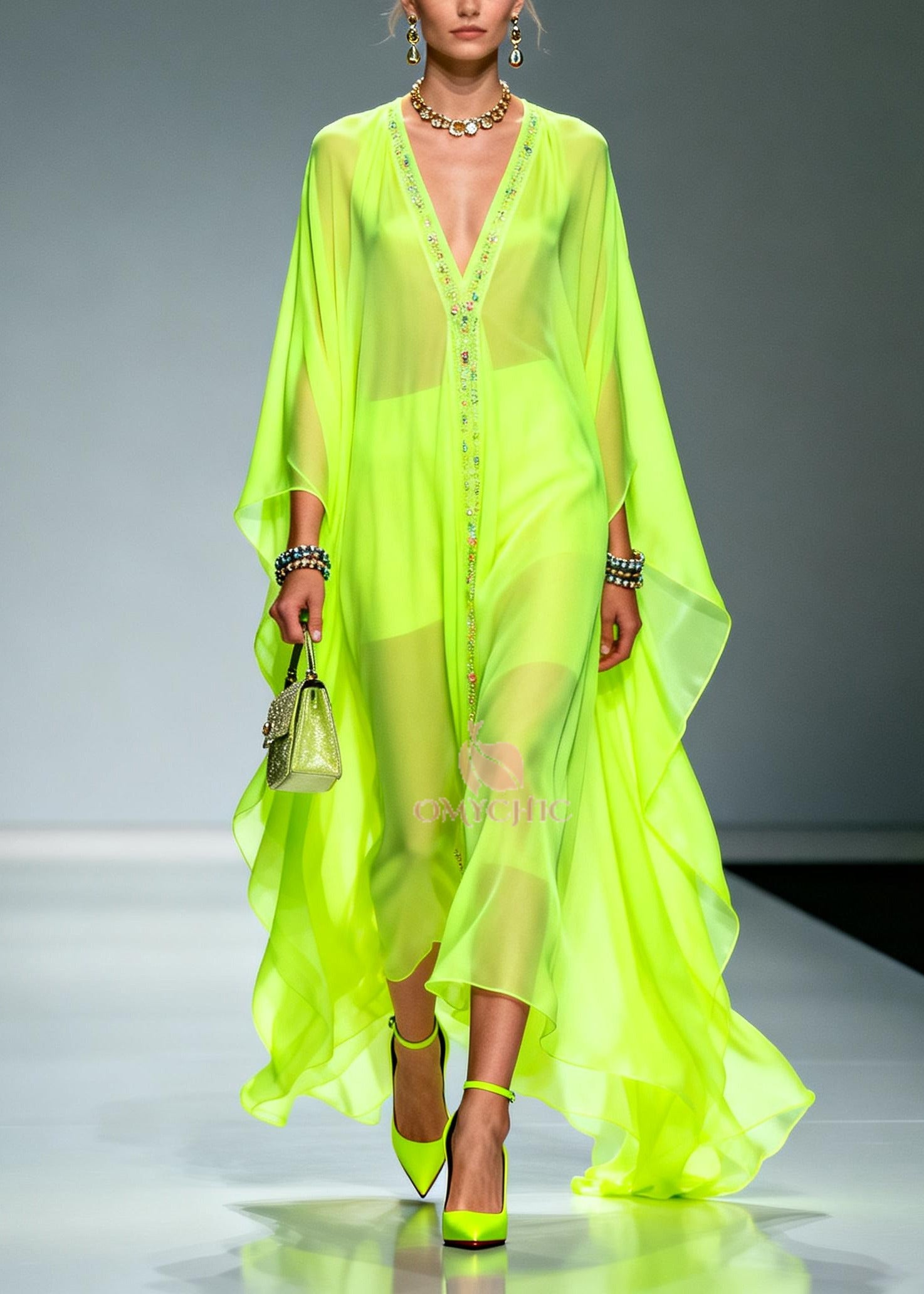 Casual Fluorescent Green Oversized Zircon Chiffon Long Dress Summer