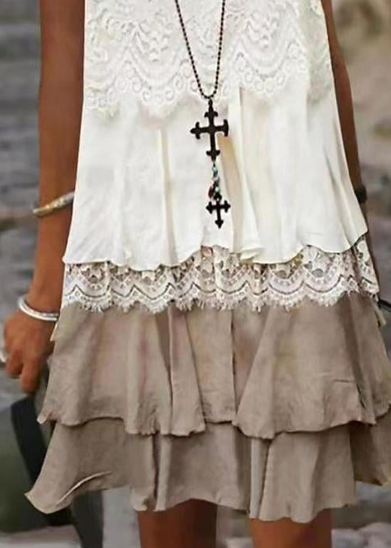 Casual O Neck Lace Patchwork Cotton Mid Dresses Sleeveless