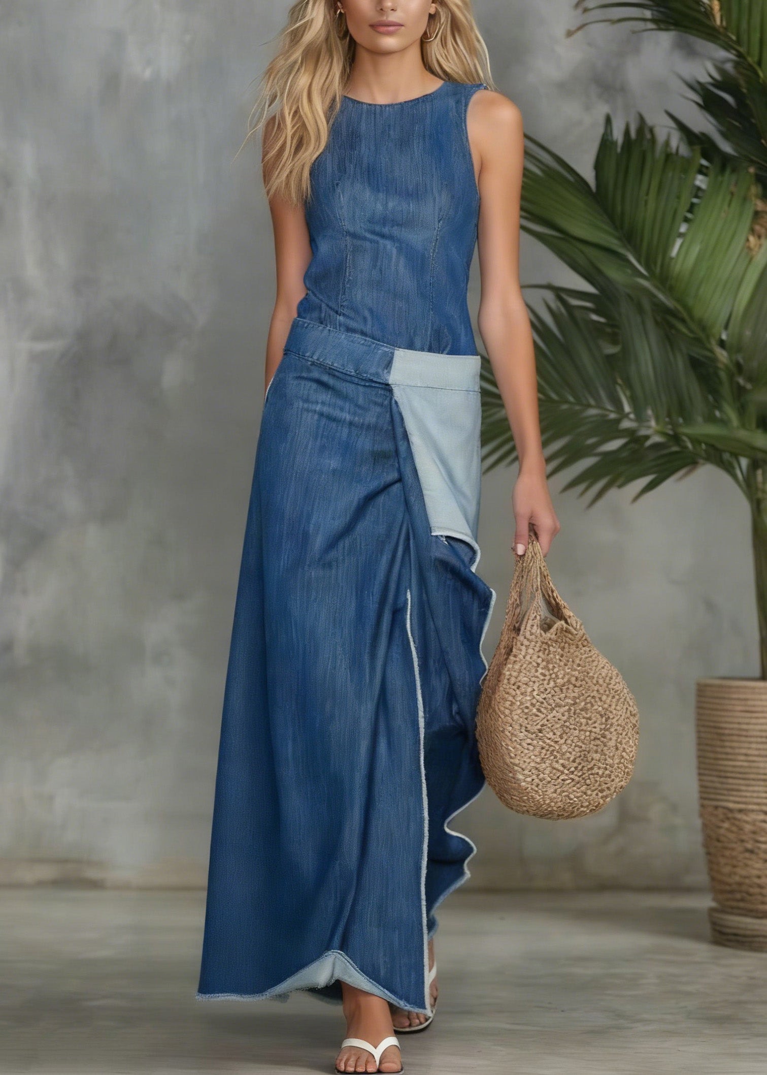 Casual Plain Spliced Sleeveless Maxi Denim Dress