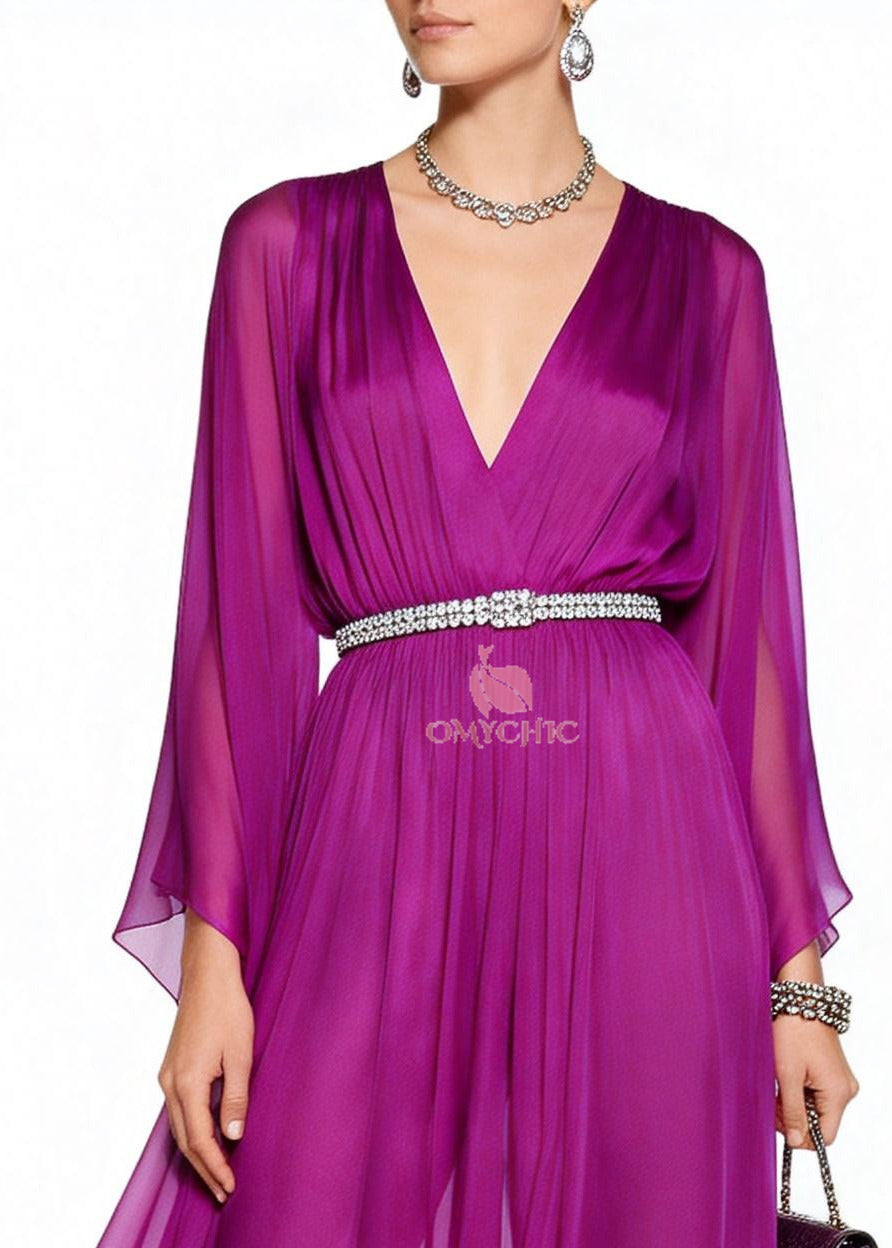 Casual Purple V Neck Draping Chiffon Vacation Dresses Summer