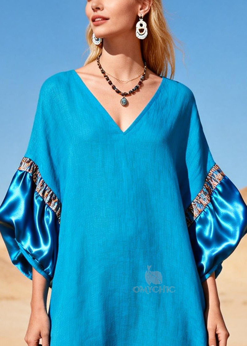 Casual Sea Blue V Neck Patchwork Cotton Maxi Dress Lantern Sleeve